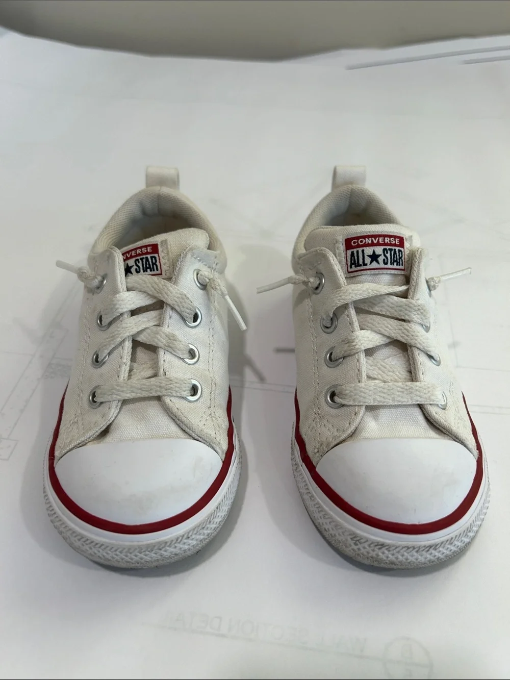 Converse Kids Low Top Canvas Sneakers in White and Red Trim